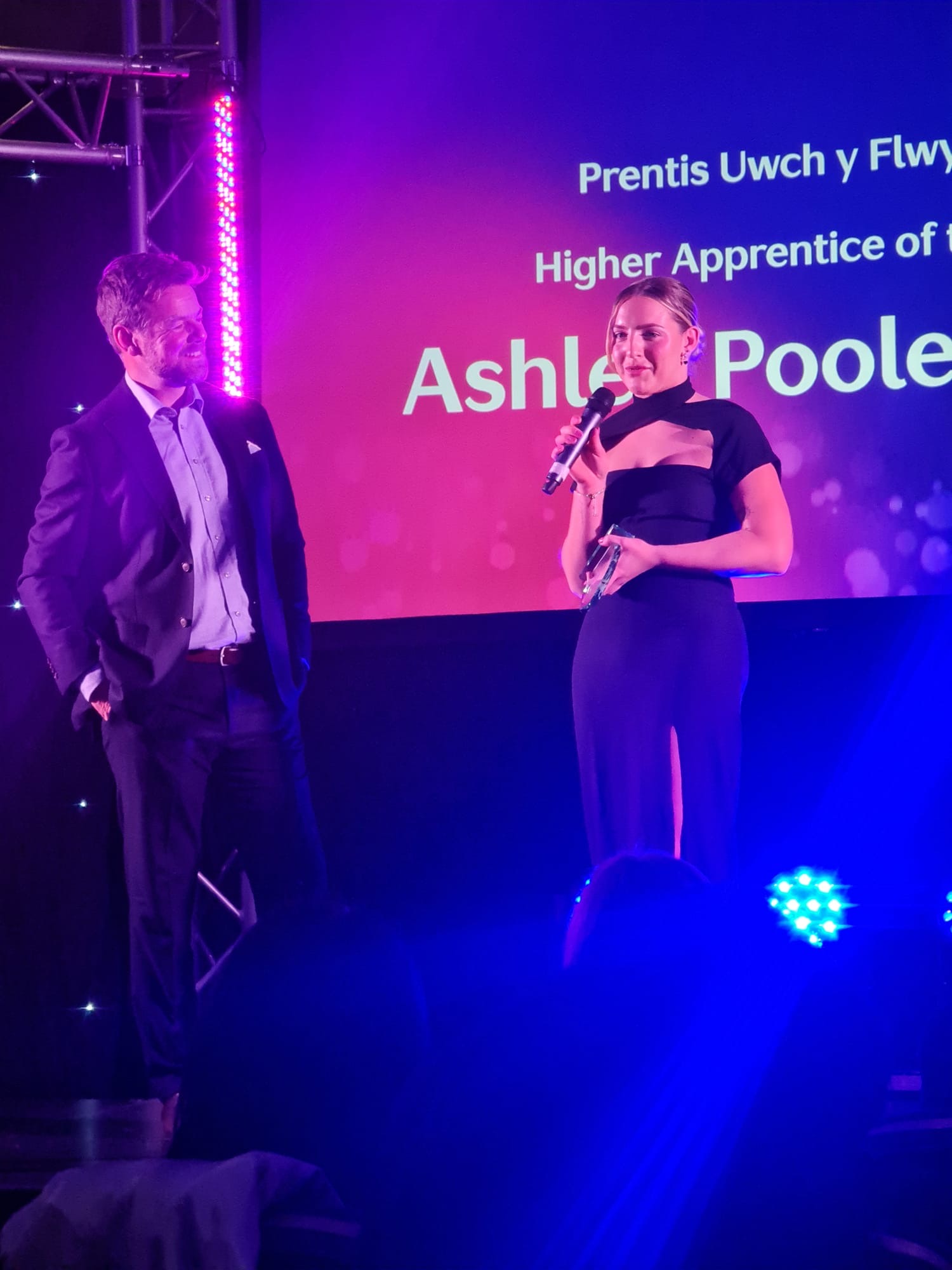 Ashley winning Management and Development Apprentice of the Year and overall Higher Apprentice of the Year at the Gower College Swansea Apprenticeship Awards 2025